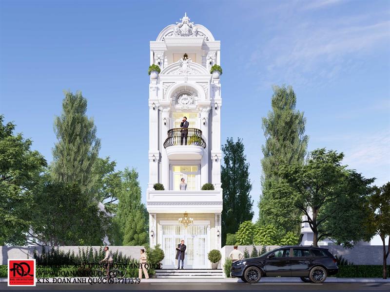 Thiết kế nhà Phan Thiết, Xây nhà trọn gói Phan Thiết, Thi công nhà trọn gói Phan Thiết, Thiết kế Thi công nội thất Phan Thiết Bình Thuận, Công ty Xây dựng Bình Thuận, Thiết kế nhà Bình Thuận, Xây nhà trọn gói Bình Thuận. Mẫu thiết kế nhà phố 4 tầng với lối kiến trúc tân cổ điển sang trọng - MS 94